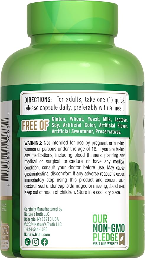 Nature's Truth Ginkgo Biloba 120mg | Plus Bacopa | 200 Quick Release Capsules | Standardized Extract | Non-GMO and Gluten Free Supplement
