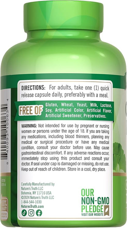 Nature's Truth Ginkgo Biloba 120mg | Plus Bacopa | 200 Quick Release Capsules | Standardized Extract | Non-GMO and Gluten Free Supplement