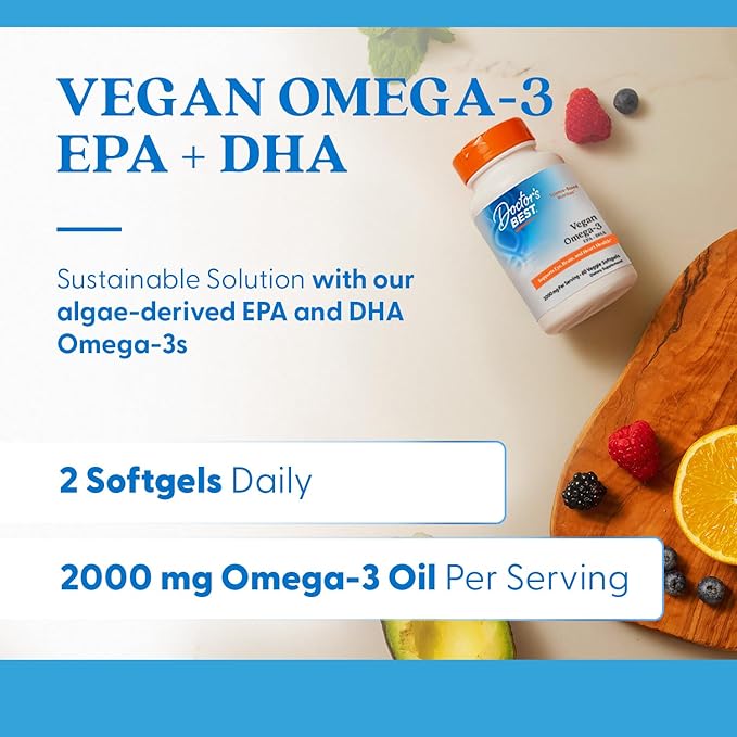 Doctor's Best Vegan Omega-3 EPA + DHA, Supports Eye, Brain, and Heart Health, Non-GMO, Gluten Free, Vegan, 60 Veggie Softgels