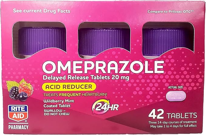Rite Aid Acid Reducer Omeprazole Delayed Release Tablets - 20 mg, 3 Bottles, 14 Count Each (42 Count Total), Wildberry Mint Flavor, Heartburn Relief, Heartburn Medicine, Treats Frequent Heartburn
