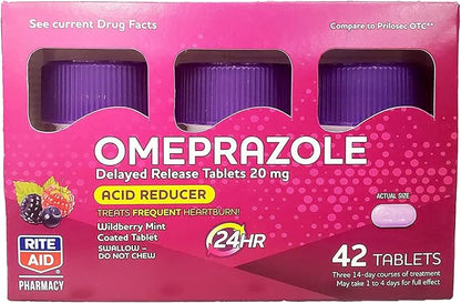 Rite Aid Acid Reducer Omeprazole Delayed Release Tablets - 20 mg, 3 Bottles, 14 Count Each (42 Count Total), Wildberry Mint Flavor, Heartburn Relief, Heartburn Medicine, Treats Frequent Heartburn