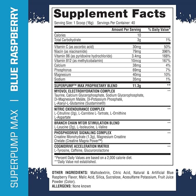 Gaspari Nutrition SuperPump MAX, The Ultimate Pre Workout Powder, Sustained Energy Preworkout, Nitric Oxide Booster, Muscle Growth, Recovery & Replenishes Electrolytes (40 Serving, Blue Raspberry Ice)