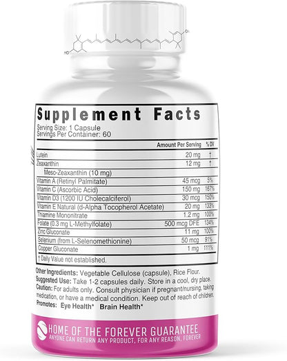 Nature's Fusions Nutri Lutein 20mg Eye Vitamins Complex - Triple Carotenoid Formula - Lutein and Zeaxanthin - Contains Zinc, Vitamins A,C,D3,E, Folate - 60 Capsules - Eye Health Supplements