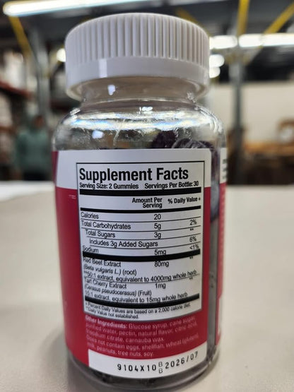 Viteey Beet Root Gummies 4000mg with Tart Cherry - for Healthy Blood Pressure Support - Vegan, Gelatin Free, Gluten Free - Tasty Chewable Berry Beet Flavored Gummy