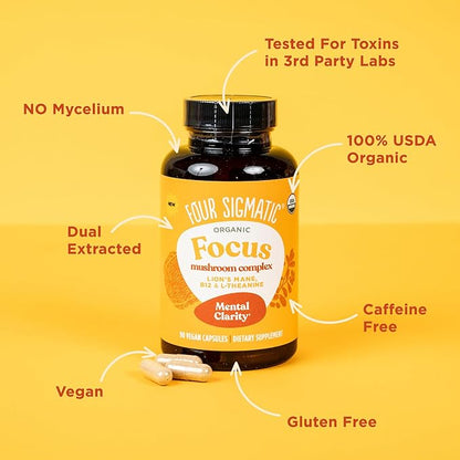 Four Sigmatic Focus Capsules | Lion's Mane Supplement Capsules | Brain Boosting Complex with Ashwagandha, Bacopa Monnieri & Rhodiola | Vegan Nootropic Adaptogen & Mushroom Supplement | 30 Servings