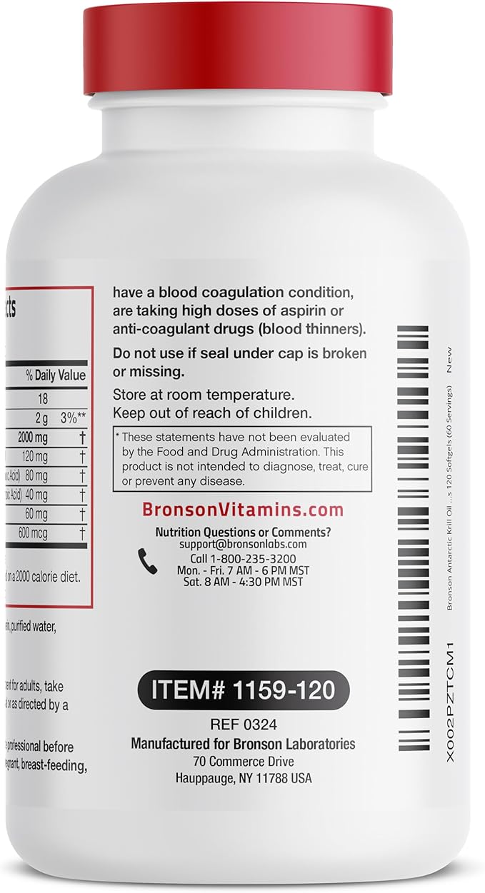 Bronson Antarctic Krill Oil 2000 mg with Omega-3s EPA, DHA, Astaxanthin and Phospholipids 120 Softgels (60 Servings)