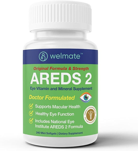 WELMATE - AREDS 2 (120 Servings) - Eye Vitamin and Mineral Supplement - Vitamin C, Zinc, Lutein, Zeaxanthin - Macular Health - Doctor Formulated & Tested - Eye Care - Gluten Free - 240 Mini Softgels