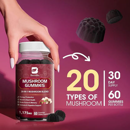 Super Mushroom Complex Gummies, 20-IN-1 Lion's Mane Supplement Gummies - Mushroom Supplement with Cordyceps, Reishi etc, Support for Brain Health, Focus & Clarity, Non-GMO,Raspberry Flavor,60 Gummies