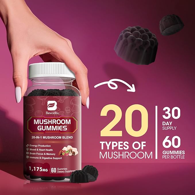 (2 Pack Mushroom Complex Gummies with Lions Mane, 20-in-1 Comprehensive Mushroom Supplement for Brain Health, Focus & Clarity, Vegan, Non-GMO, Raspberry Flavor, 120 Gummies