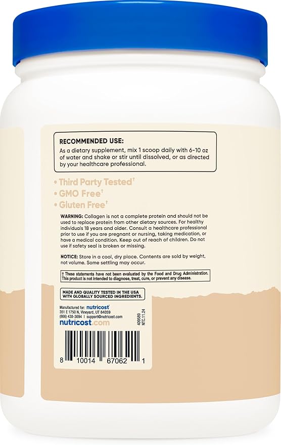 Nutricost Collagen Peptides Powder 1LB (454 G) (Vanilla) - Grass Fed Bovine Collagen Hydrolysate