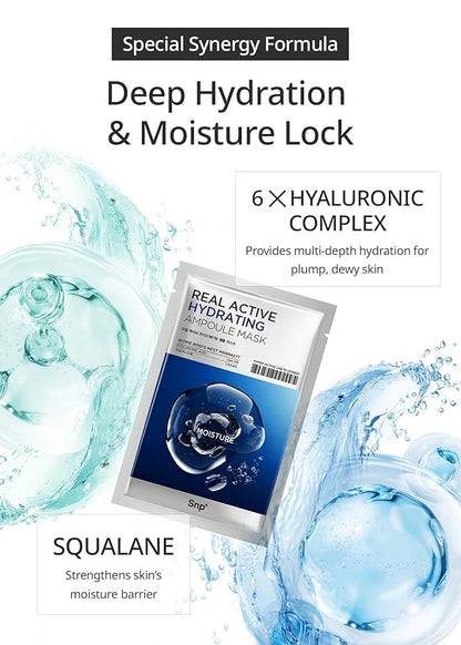 [K Beauty] Real Active Hydrating Ampoule Sheet Mask | Moisturizing and Nourishing for All Skin Types | Vegan Sheet Masks with Hyaluronic Acid | Korean Face Masks Skincare | Facial Mask | 10 Sheets