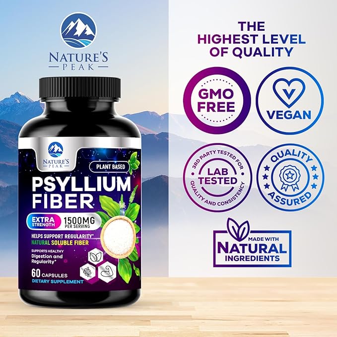 Psyllium Husk Powder Caps 1500mg - Non-GMO, Natural Soluble Fiber for Daily Digestive Health & Regularity Support, Vegan Psyllium Fiber Supplement with Plant Based Fiber, Sugar Free - 60 Capsules