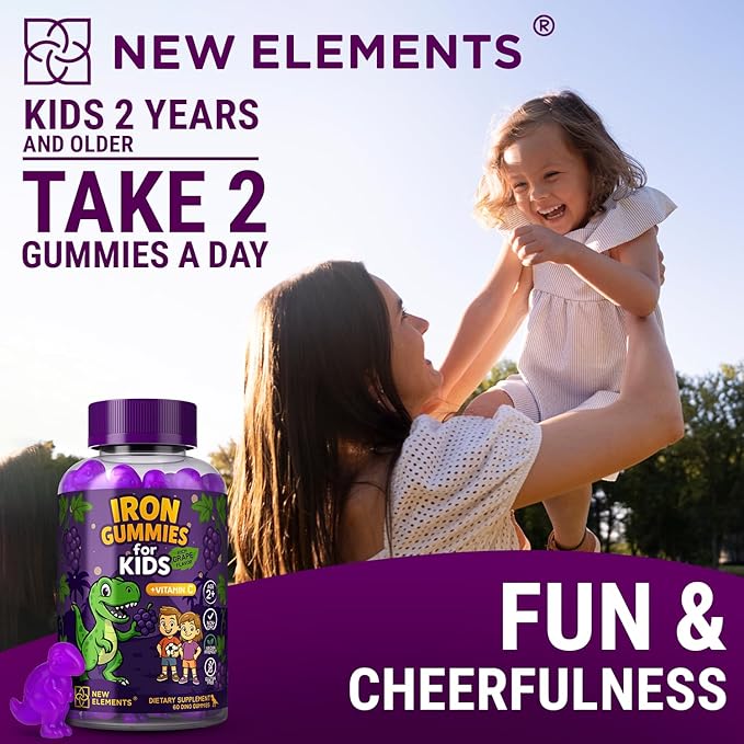 New Elements Iron Dinosaur Gummies for Kids with Vitamin C | Sugar-Free, Vegan, Gluten-Free & Non-GMO | Anemia Relief, Energy & Blood Health Support | Grape Flavor, Pectin-Based for Optimal Health