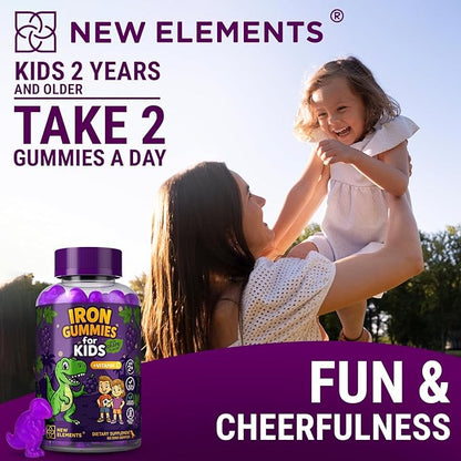 New Elements Iron Dinosaur Gummies for Kids with Vitamin C | Sugar-Free, Vegan, Gluten-Free & Non-GMO | Anemia Relief, Energy & Blood Health Support | Grape Flavor, Pectin-Based for Optimal Health