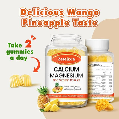 Calcium Gummies for Women Men, Calcium Magnesium Zinc with Vitamin D3 & K2, Calcium Magnesium Supplement for B0nes Muscles, Pineapple & Mango Flavor - 60 Count