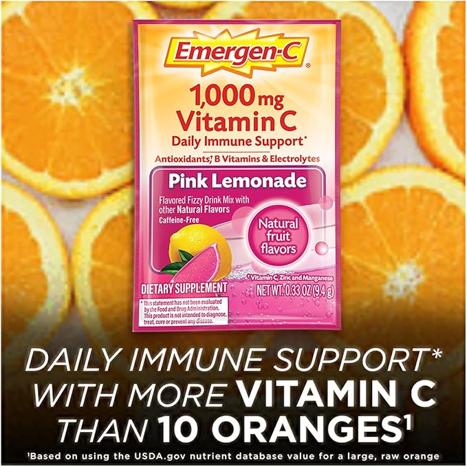 Emergen-C 1000mg Vitamin C Powder, with Antioxidants, B Vitamins and Electrolytes, Immunity Supplements for Immune Support, Caffeine Free Fizzy Drink Mix, Pink Lemonade Flavor - 30 Count (Pack of 12)