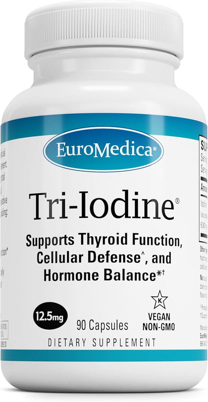 EuroMedica Tri-Iodine - Support Thyroid Health - Aids Hormone Balance with Molecular Iodine from Kelp - Features Potassium Iodide & Sodium Iodide - Brain & Energy Support - 12.5mg, 90 Capsules