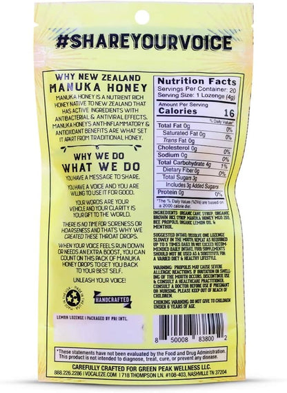 Vocal Eze Manuka Honey Cough Drops | Lozenges to Relieve Sore, Hoarse, Fatigue, Dryness of Throat | Voice Support, All Natural and Organic Ingredients (20, Lemon) UMF 10+ (MGO 265+)