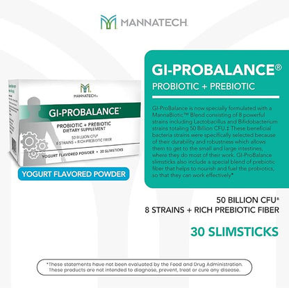 Mannatech Prebiotics and Probiotics, 30 Slimsticks, Yogurt Flavor, GI-ProBalance w/MannaBiotic Blend, Pre and Probiotics Powder for Gut Health, w/ 8 Strains, Rich Prebiotic Fiber & 50 Billion CFU