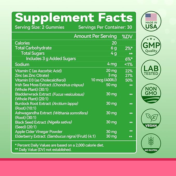 Irish Sea Moss Gummies with Ashwagandha, Elderberry, Apple Cider Vinegar, Bladderwrack, Burdock Root & Black Seed for Immune Support – Mixed Berry Flavor, 60 Count