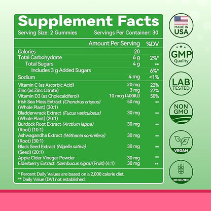 Irish Sea Moss Gummies with Ashwagandha, Elderberry, Apple Cider Vinegar, Bladderwrack, Burdock Root & Black Seed for Immune Support – Mixed Berry Flavor, 60 Count