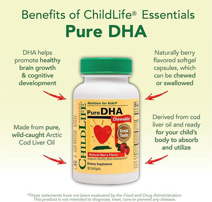 CHILDLIFE ESSENTIALS Pure DHA for Kids - DHA Supplements, DHA EPA Omega 3 Supplement, Children DHA Chewables, Baby DHA, Fish Oil for Toddlers, Gluten Free - Natural Berry, 90 Softgels (Pack of 1)