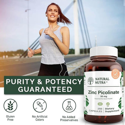 Natural Nutra Zinc Picolinate 30 mg, Double Strength, Raw and Pure, Highly Bioavailable Supplement for Growth and Immune Support, Helps Support Metabolic System, Decrease Common Cold 250 Capsule