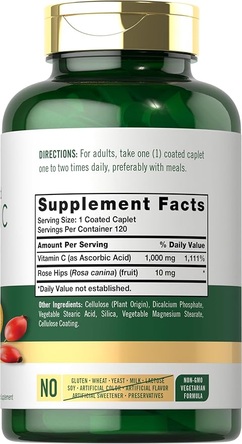 Carlyle Vitamin C 1000mg | 120 Caplets | with Rose HIPS | Supplement for Women and Men | as Ascorbic Acid | Time Release | Vegetarian, Non-GMO, and Gluten Free