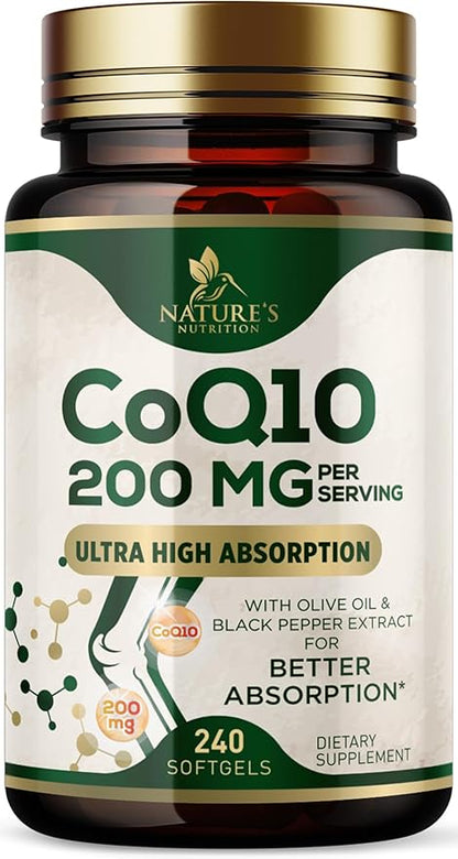 CoQ10 200mg Softgels - Better Absorption, Antioxidant for Heart Health & Cellular Energy Support - Nature's Co Q10 Vitamins, Non-GMO & Gluten Free, Coenzyme Q10 Supplement - 240 Softgels