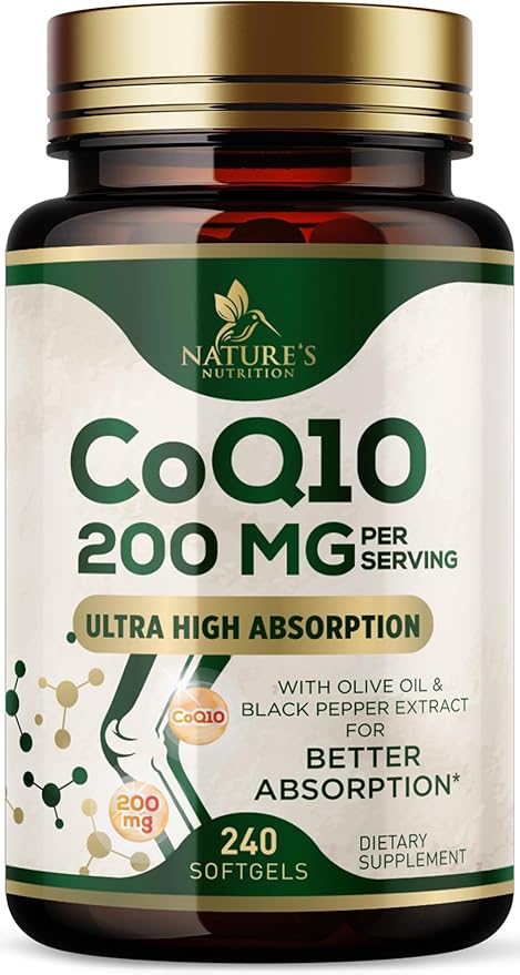 CoQ10 200mg Softgels - Better Absorption, Antioxidant for Heart Health & Cellular Energy Support - Nature's Co Q10 Vitamins, Non-GMO & Gluten Free, Coenzyme Q10 Supplement - 240 Softgels