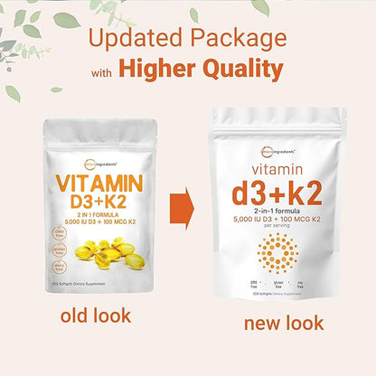 Micro Ingredients Vitamin D3 5000 IU with K2 100 mcg, 300 Soft-Gels | K2 MK-7 with D3 Vitamin Supplement, 2 in 1 Support Immune, Heart, Joint, Teeth & Bone Health - Easy to Swallow