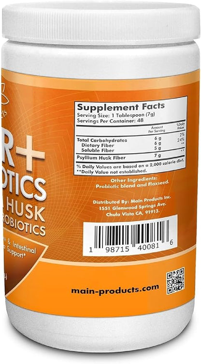 Fiber + Probiotics 12 Oz (340g) Psyllium Husk Flaxseed, Digestive and Intestinal Flora Support.