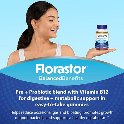 Florastor Digestive and Metabolic Support Probiotic Blend, Prebiotic and Probiotic Gummies for Multi-Action Digestive Health Care, with Vitamin B12, 56 Gummies