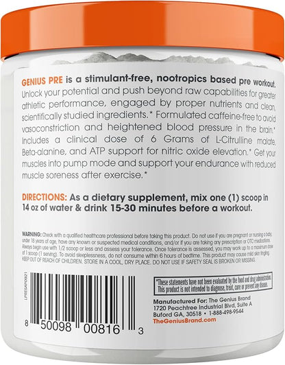 Genius Pre Workout Powder, Sour Apple - All-Natural Nootropic Pre-Workout & Caffeine-Free Nitric Oxide Booster Supplement with Beta Alanine & Alpha GPC - No Artificial Flavors, Sweeteners, or Dyes