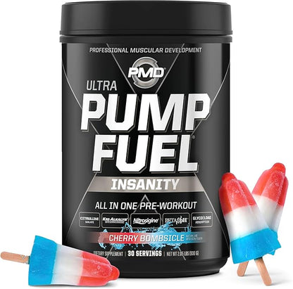 PMD Sports Ultra Pump Fuel Insanity - Pre Workout Drink Mix for Energy, Strength, Endurance, Recovery - Complex Carbohydrates and Amino Energy - Cherry Bombsicle (30 Servings)