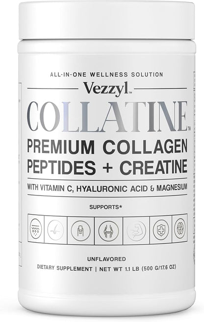 Collatine - Premium Collagen Peptides + Creatine with Vitamin C, Hyaluronic Acid and Magnesium for Skin, Hair, Nails, Bone & Joint, Muscle, Immune and Cognitive Aid (1.1 LB (500 G/17.6 OZ)