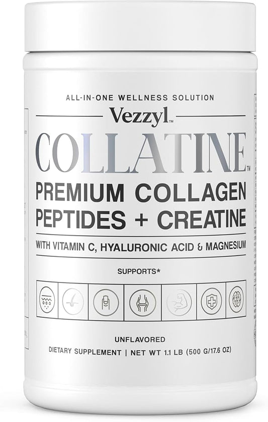 Collatine - Premium Collagen Peptides + Creatine with Vitamin C, Hyaluronic Acid and Magnesium for Skin, Hair, Nails, Bone & Joint, Muscle, Immune and Cognitive Aid (1.1 LB (500 G/17.6 OZ)