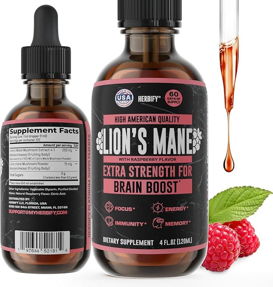 Lions Mane Supplement - Daily Mushroom Supplement for Memory, Focus & Clarity - Brain Booster - Lions Mane Tincture for Natural Immune Support - 4 Fl Oz Raspberry Flavor