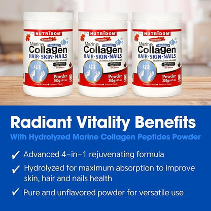 Hydrolyzed Marine Collagen Peptides Powder, Wild-Caught from Nova-Scotia, Supports Hair, Skin & Nails, Non-GMO, Free of Gluten, Soy & Dairy (303 g)