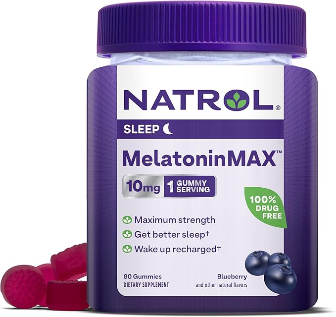 Natrol Melatonin 10mg Sleep Aid Supplement, 80 Count MelatoninMax Gummies, Blueberry Flavor, 10 mg Melatonin Gummies for Occasional Sleeplessness, 80 Day Supply