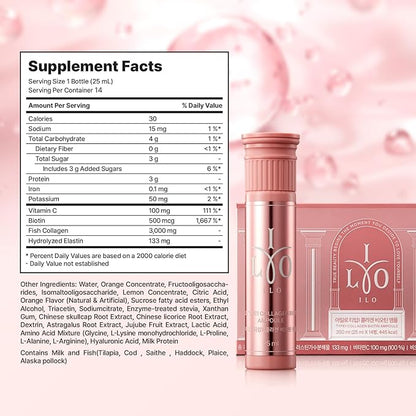 ILO Liquid Collagen Drink – 3,000mg Type 1 Marine Collagen with Biotin & Ceramide | Skin Glow & Hydration | Orange Flavor | 14 Bottles – Korean Beauty Supplement