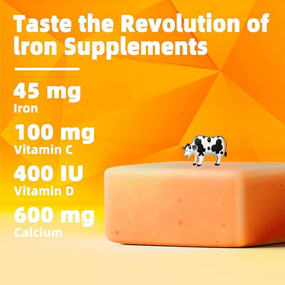 Iron Soft Chew Supplement with Vitamin C | Orange Flavored | Gluten Free | Iron Supplement for Women Men and Kids | 60 Count | 2 Month Supply