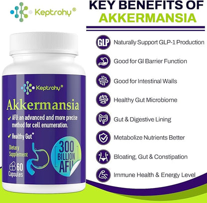 GLP-1 Supplement - 300 Billion AFU Akkermansia Probiotic for Women & Men, Akkermansia Muciniphila for GLP-1 Production, Digestive, Gut, Immune Health, Enhances Gut Digestive Lining function, 60 Count