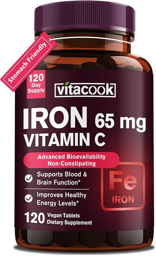 Iron Supplement for Women Men, High Potency Iron 65mg with Vitamin C 250mg, Stomach Friendly Iron Pills for Red Blood Cell & Immune Support, Non-GMO & Gluten Free,120 Vegan Tablets