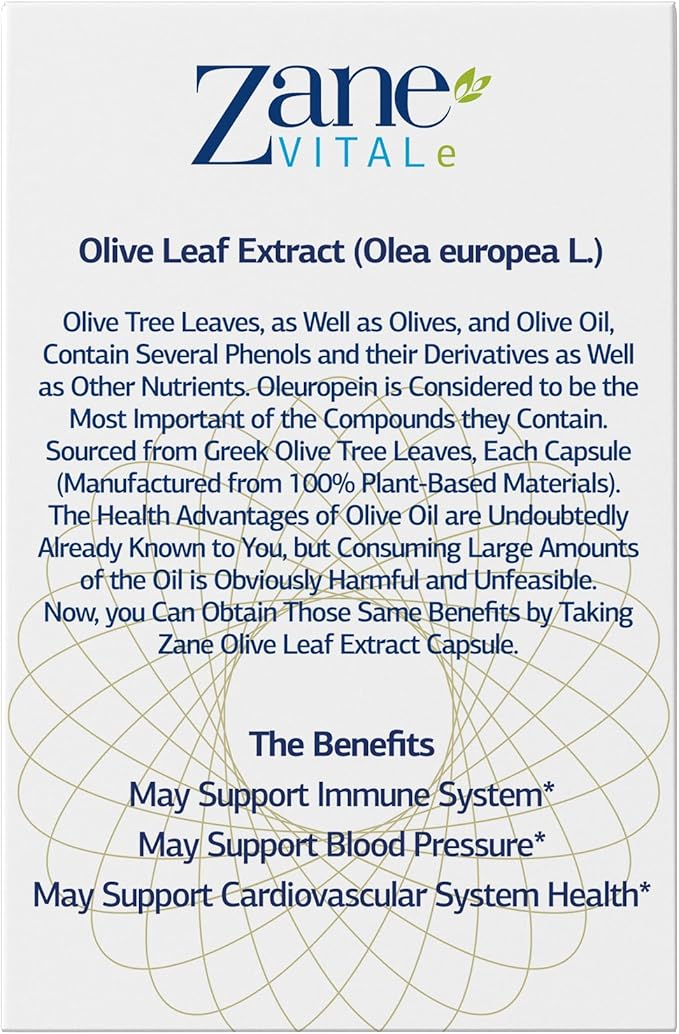 Zane Greek Olive Leaf Extract - min. 20% Oleuropein - Provides Immune and Healthy Blood Pressure Support, Promotes Cardiovascular System Health - 60 Capsules Non-GMO, Gluten - Lactose – Paraben Free