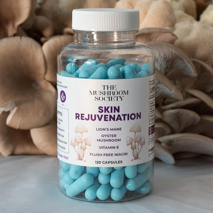 Skin Rejuvenation Supplement - Lion’s Mane, Oyster Mushroom, Vitamin E & Flush Free Niacin -Supports Skin Health & Radiance - 120 Capsules