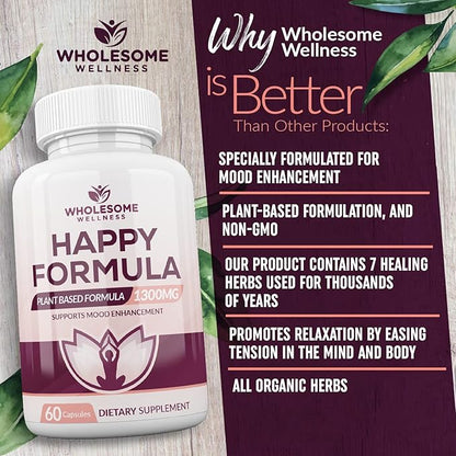 Wholesome Wellness Happy Formula Natural Formula Relief Supplement for Women & Men | 60 Capsules