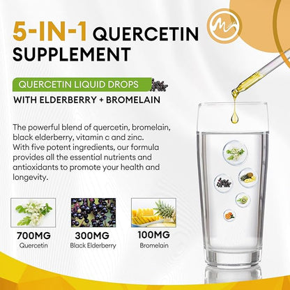 Quercetin Liquid Drops - Quercetin Supplements 700mg - 4X Stronger Than Pills & Capsules - 5 in 1 Quercetin with Bromelain Elderberry Vitamin for Immunity Health Respiratory Health Skin Care- 2 Fl Oz