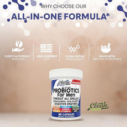 Clean Nutra Probiotics for Men | Tongkat Ali, Saw Palmetto, Tribulus, Ginseng, Ashwagandha, Maca, Pumpkin, Gingko Biloba, Pine Bark, Fenugreek, Shilajit, Zinc - Mens Probiotic 60 Capsules