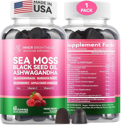 Irish Sea Moss Gummies with Ashwagandha, Elderberry, Apple Cider Vinegar, Bladderwrack, Burdock Root & Black Seed for Immune Support – Mixed Berry Flavor, 60 Count